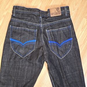 Y2K Clench Mens Denim Darkwash Jeans 34x32" Blue Stitching Streetwear Hip-Hop